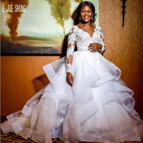E JUE SHUNG African Organza Ball Gown Wedding Dresses V Neck Long Sleeves Top Layered Ruffles Bridal Gowns vestidos de novia