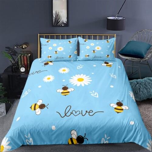 Cartoon Bee Print Bedding Sets 2/3Pcs Comfortable Kids Duvet Cover Pillowcase Cute Blue Home Decor Bedcolthes