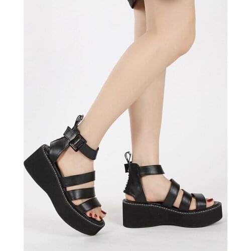 2021New Arrival Summer Wedge Sandals Platform Ladies High Heels Black Gothic Style Womens Shoes Chunky Heel Roman Sandals Dress