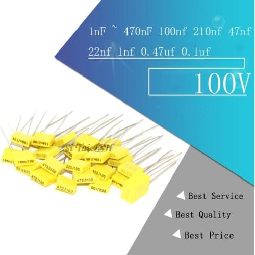 20pcs Polypropylene Safety Plastic Film 100V 1nF ~ 470nF 100nf 220nf 10nf 47nf 22nf 1nf 0.47uf 0.1uf Correction capacitor