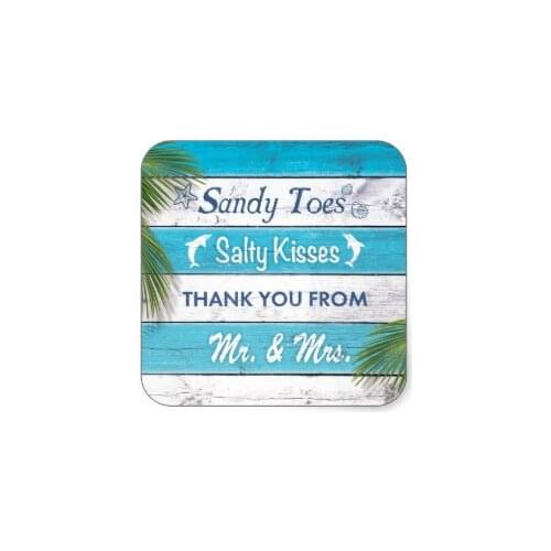 3.8cm Turquoise Sandy Toes Salty Kisses Thank You Square Sticker