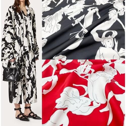 145cm Width Fashion Abstract Drance People Printed Initate Silk Satin Fabric For Woman Dress Blouse Pants DIY Cloth Sewing