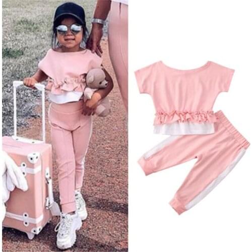 Free shipping Kids Baby Girls Clothes Short Sleeve Ruffle pullover round neck Tops Geometry Pants 2pc Toddler newborn Outfits