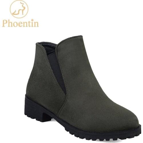 Phoentin army green chelsea boots women 2018 flat heels footwear woman round toe platform flock ankle boots women solid FT455