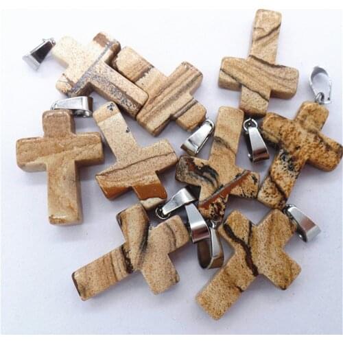 50Pcs 25x18x6mm Wholesale Natural Brown Picture Jasper Cross Pendant Bead DIY Earrings Handmade Jewelry Accessories S656