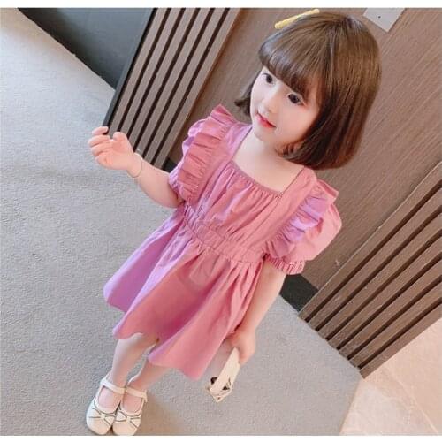 2021 Summer New Girls Puff Sleeve Pure Color Dress Small and Medium-sized Childrens Short Sleeve Square Collar Skirt Western Fa
