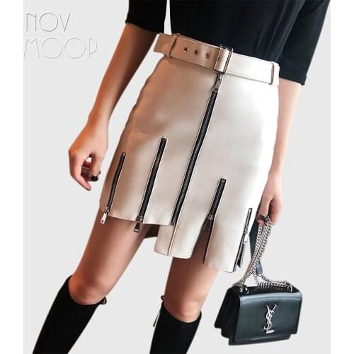 Novmoop Club fashion style black white lambskin genuine leather skirt with sash zipper decor jupe femme gonna di pelle LT2802