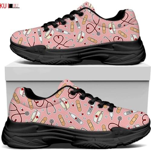 KUILIU Pink Medical Print Women Platform Shoes Increase Comfortable Luxury Brand Casual Flat Bottom Breathable Lady Mesh Shoe