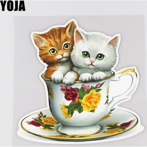 YOJA 17CM×17.1CM Cute Teacup Cat Cartoon Car Stickers Scratch Block Decoration Accessories 19B-0016