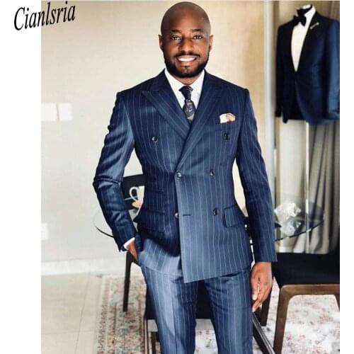 New Double Breasted Wedding Tuxedos Pinstripe Mens Groom Suits Peaked Lapel Slim Fit Prom Party Blazer Jacket(jacket+pants)