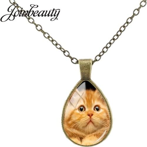 JOINBEAUTY Sweet Lovely Little Cat Photo Teardrop Necklaces Antique Bronze Plated Water Drop Pendant Long Chain Jewelry CA249