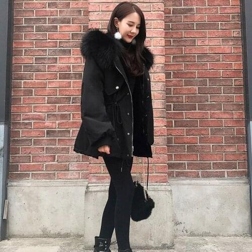 Autumn Winter Warm Korean Hooded Thick Womens Cotton Parkas Casual Long Sleeve Faux Fur Collar Female Loose Medium Length Coats