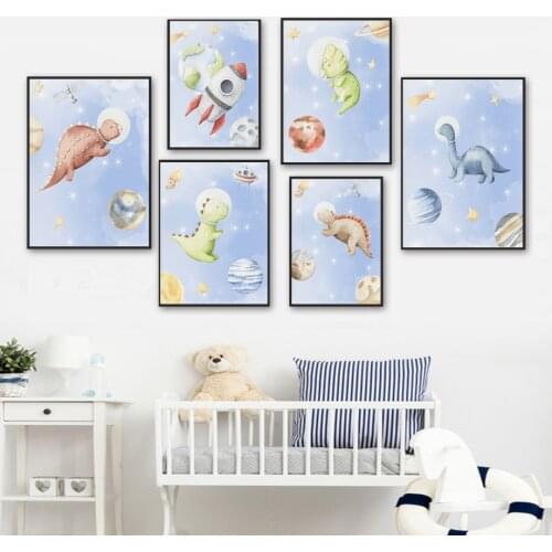 Space Cartoon Dinosaur Astronaut Planet Wall Art Canvas Painting Nordic Posters And Prints Nursery Wall Pictures Kids Room Decor