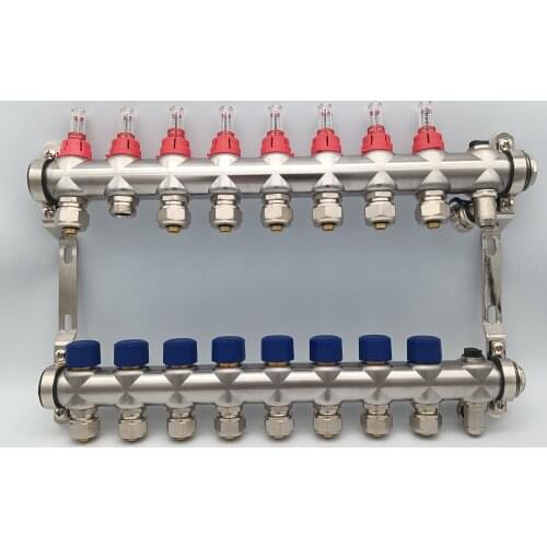 S304 Stainless Steel Distribution Manifold with Flowmeter Air Vent Valve Drain Valve Size 1 inch underfloor heating system