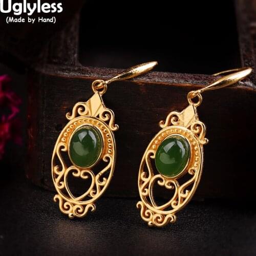 Uglyless Luxury Palace Design Exotic Indian Wind Fashion Earrings for Women Water Drop Jade Jasper Earrings 925 Silver Jewelry