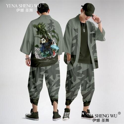 Japanese Shirt Men Kimono Sets Short-Sleeve Kimono Pants Two Piece Men Tops Trousers Japan Harajuku Yukata Women Cardigan Clothe