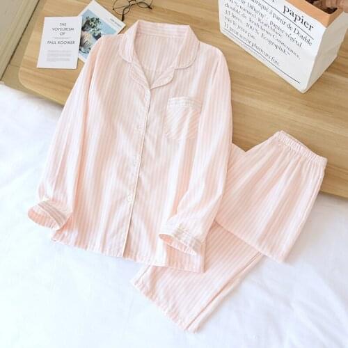 Spring Summer Couples Loungewear Pajamas 2pcs New Vertical Stripes Pajamas Cotton Long-Sleeved Mens Casual Home Wear Women