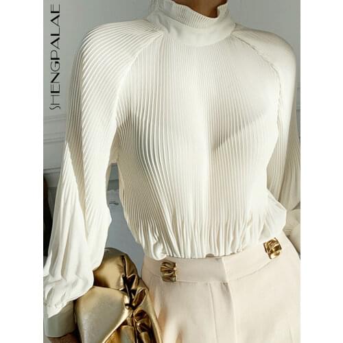 SHENGPALAE Elegant Blouse Womens Spring 2021 New Stand Collar Pleated Micro Transparent Solid Color Lantern Sleeve Female 5A129