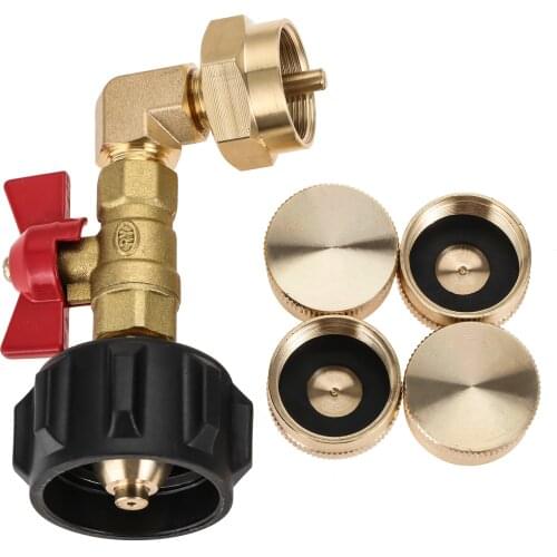 QCC1 Propane Refill 90 Degree Elbow Adapter with ON-Off Control Valve LP Gas Refill with 4pcs Bottle Thread Protection Cap
