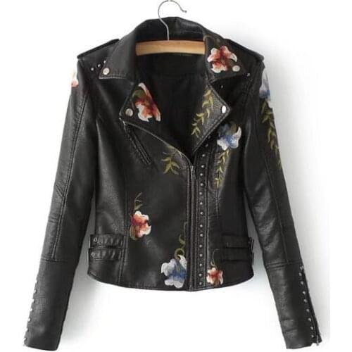 30pcs/lot punk style Women Floral Print Embroidery Faux Soft Leather Jacket Coat Turn-down Collar Casual Pu coat