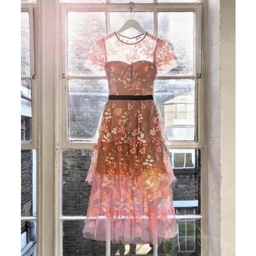Self Portrait Sequined Dress Summer Women Short Sleeve Layers Ruffle Pink Embroidered Flower Lace Dresses Midi Long Runway Dress