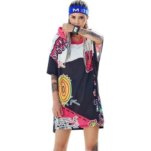 2018 Female New Fashion Summer Dress Hip Hop Cartoon Print Hooded Vestido Harajuku Loose Plus Size Short Sleeve Women Dress G674