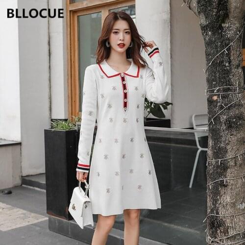BLLOCUE High Quality Luxury Runway Dress 2019 Autumn Womens Long Sleeve Little bee Knitt Pullovers Sweater Casual Dress Vestido