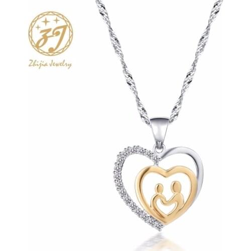 Zhijia Mom Loves Baby Heart Hand in Hand Fashion AAA Zircon Charm Necklace & Pendant Mothers day Gift For Mom Free Shipping