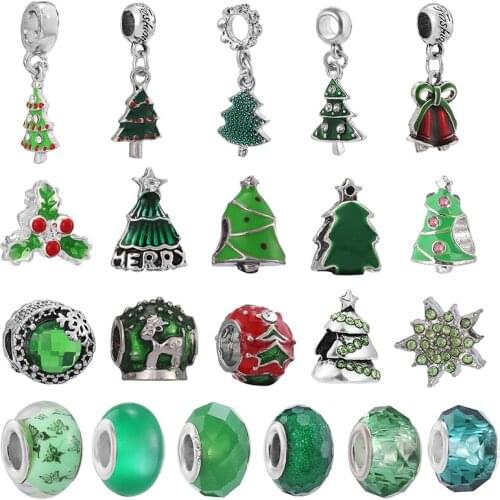 2Pcs/lot 2021 New Green Christmas Tree Crystal Glass Charm Beads Fit Original Brand Bracelet Necklace Silver Plated Jewelry Gift