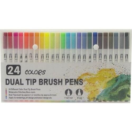 24 Color Fine Liner Dual Tip Brush Pen Felt-Tip Pen Drawing Painting Watercolor Art Marker Pens School Supplies