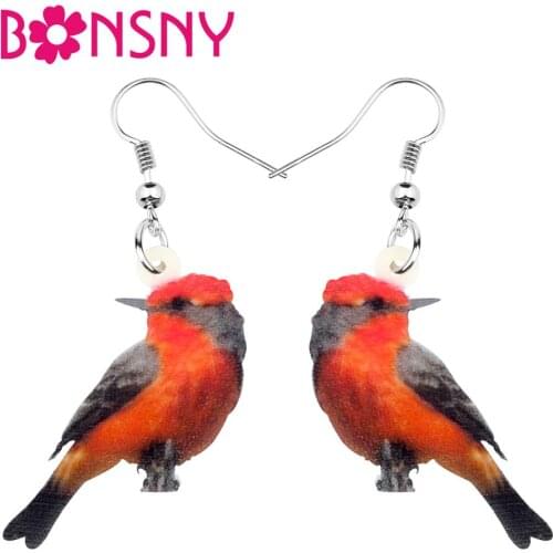 Bonsny Acrylic Vermilion Flycatcher Bird Earrings Drop Dangle Sweet Animal Jewelry For Women Girl Teen Accessory New Charms Gift