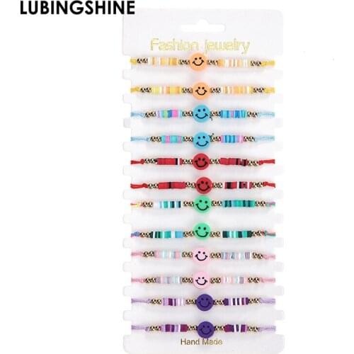 Boho 12pcs/lot Colorful Soft Clay Smile Face Beads Bracelet for Women Men Acrylic Handmade Adjustable Bangle Anklet Accessories