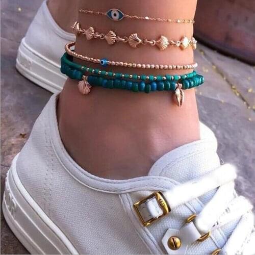 HuaTang 5pcs Boho Shell Strand Beads Anklets Set for Women Multilayers Blue Turkey Evil Eye Foot Chains Beach Jewelry 8841