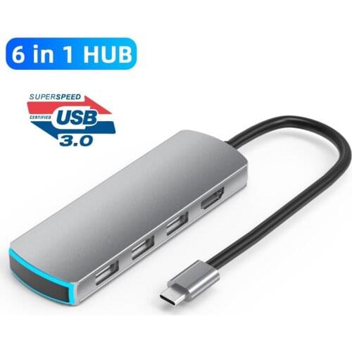 Laptop Docking Stations 6 in 1 Multiport Type-C to 4K HDMI USB 3.0 PD Charging Hub Adapter for MacBook Type-C Hub Plug Play