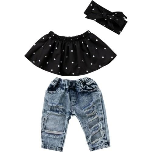 Infant Baby Girls Clothes Sets Dot Sleeveless Tops Vest Hole Denim Pants Headband 3pcs Clothing Set Baby Girl