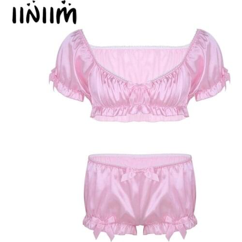 Mens Lingerie Underwear Soft Silky Crop Top Ruffled Underbust with Bloomers Boxer Shorts Sissy Underwear Gay Male Sexy Nightwear