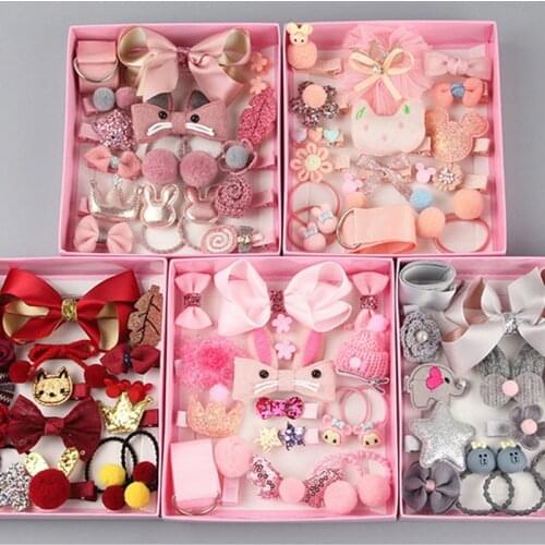 18 Piece Girls Pink Hair Accessories Set 2020 Bowknot Flower Cartoon Cute Children Elastic Hair Tie Set Kids Lace Headwear Gift