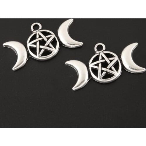 20pcs Silver Color Triple Moon Pentagram Charms Star Pendants For Wicca DIY Handmade Jewelry Making Accessorie