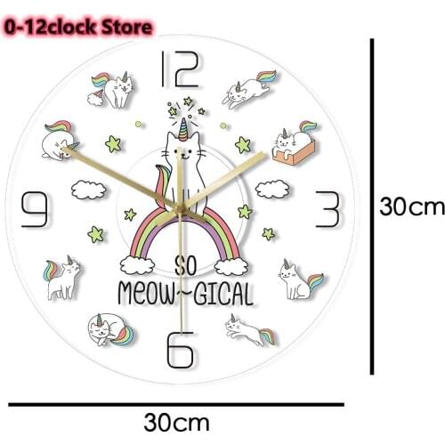 Cat Unicorn Transparent Acrylic Wall Clock Rainbow Cloud Kid Room Night Light Kitty Timekeeper Duvar Saati Cat Unicorn