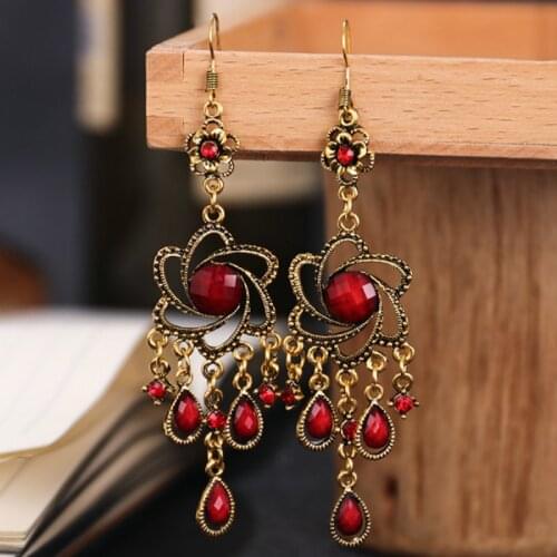 Bohemia Ethnic Earrings Women 2020 Vintage Hollow Flower Resin Gem Dangle Earrings Indian Jewelry Pendientes