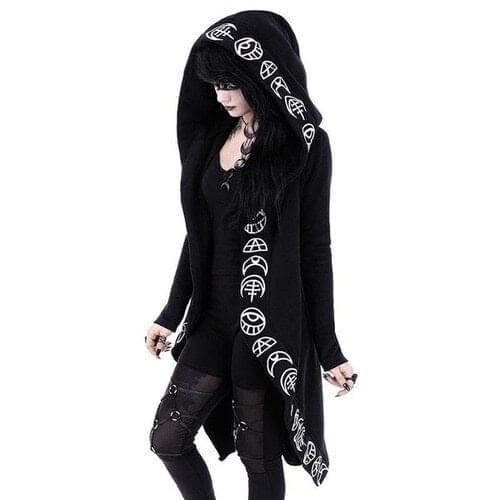 Gothic Punk Black Long Women Hoodies Sweatshirts 2021 Autumn Moon Print Long Sleeve Hoodie Women Loose Coat Hooded Sweatshirt