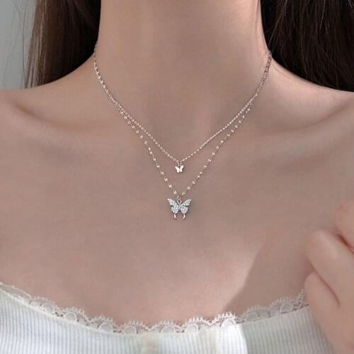 Fashion Kpop Pearl Zircon Choker Necklace Cute Butterfly Star Moon Heart Double Layer Chain Pendant For Women Jewelry Girl Gift