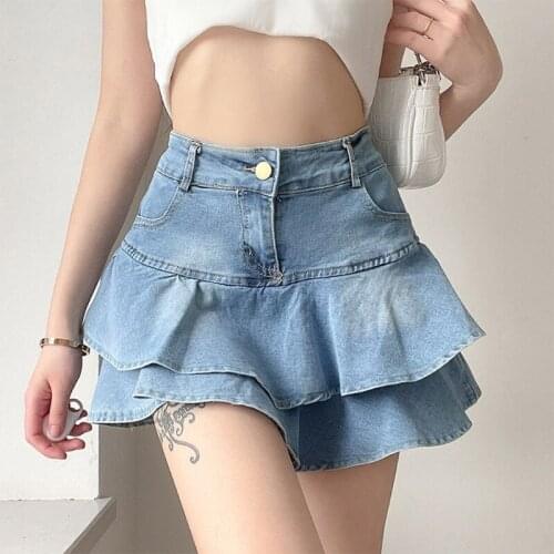Women Summer High Waist A-Line Mini Cake Jeans Skirt Vintage Washed Pleated Ruffles Layered Tiered Casual Slim Denim with