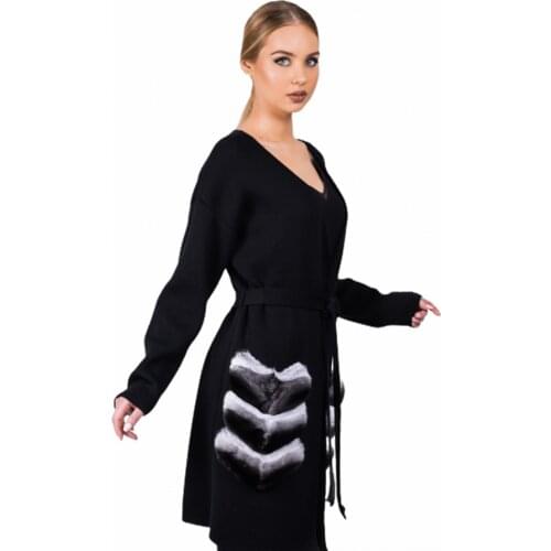 CNEGOVIK Women Fur Cardigan Cashmere Sweater Knee-Length Coat With Rex Rabbit Fur Trim Pockets