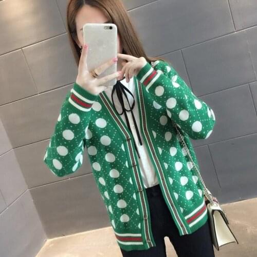 Autumn Winter Dots Sweater Coat Loose Women All-Match Korean V-Neck Cardigan Long Sleeve Knitwear Coat Tops TT0328