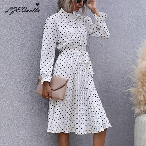 LZEQuella Women Long Polka Dot Dresses Casual High Waist Sashes Slim Beach Dresses Long Sleeve Ruffle Dress Vestidos Mujer