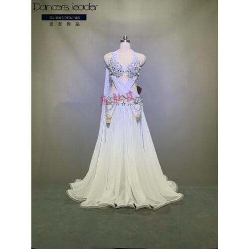 Customized dance dress 2020 womens high-quality belly dance performance suit white temperament elegant swing long dress