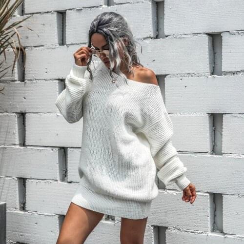 Off Sholder Knitted Dress Women Causal Lantern Sleeve Pullover Mini Dress Elegant Solid Warm Pencil Dresses Vestidos Female 2020