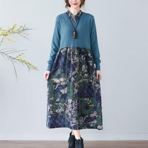 Korea Style Fake Two Piece Patchwork Knitted Cotton Linen Vintage Women Spring Autumn Dress Print Floral Office Lace Work Dress