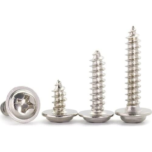 100Pcs PWA Nickel Plated Cross Round Head Self Tapping Screw With Pad M1.2-M4 Pan Head Tapping Screws With Washer